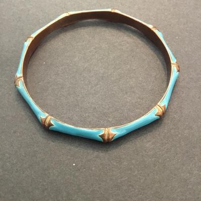 Vintage copper, enameled, turquoise, bamboo, bangle bracelet