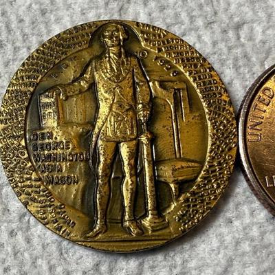 Vintage President George Washington holding a Bible wearing his Masonic apron and all around him are the names of all the 56 signers of...