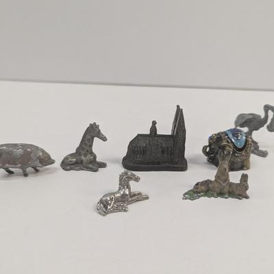 Pewter Animals & Building & Stork Carrying A Baby