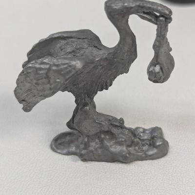 Pewter Animals & Building & Stork Carrying A Baby