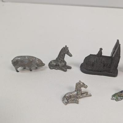 Pewter Animals & Building & Stork Carrying A Baby