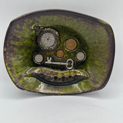 MCM Hayden Lewis Keys & Coins Glazed Pottery Ashtray & Cigarette Box
