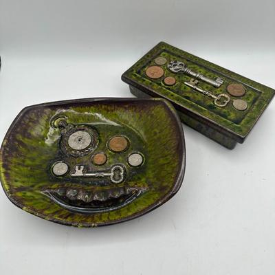 MCM Hayden Lewis Keys & Coins Glazed Pottery Ashtray & Cigarette Box