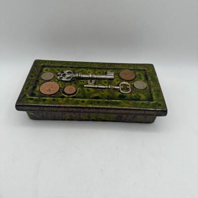 MCM Hayden Lewis Keys & Coins Glazed Pottery Ashtray & Cigarette Box