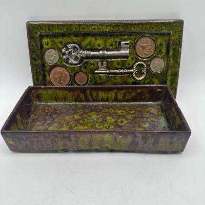 MCM Hayden Lewis Keys & Coins Glazed Pottery Ashtray & Cigarette Box