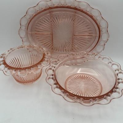 1950's Open Lace Edge Pink Depression Glass Old Colony 3 Piece Set