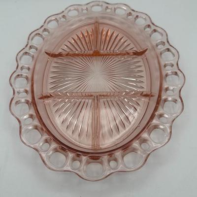 1950's Open Lace Edge Pink Depression Glass Old Colony 3 Piece Set