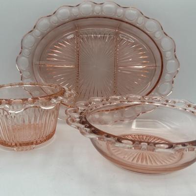 1950's Open Lace Edge Pink Depression Glass Old Colony 3 Piece Set