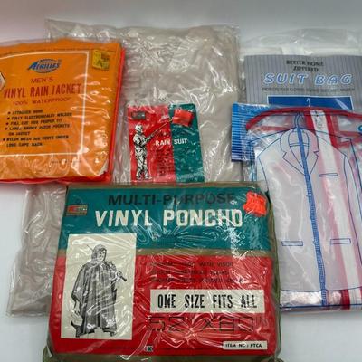 Vintage NIP Rain Gear - Poncho, Rain Suit, Jacket and Plastic Suit Bags
