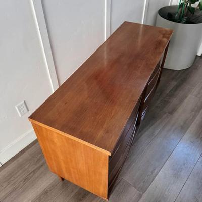Vintage Mid Century 6-Drawer Tempo Walnut Dresser Credenza w/Bow Front Drawers & Tapered Legs by Bassett