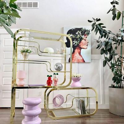 Vintage Mid Century Expandable Brass Etagere Display Shelf w/Glass Shelving, Record Dividers & Desk Space in the Style of Milo...