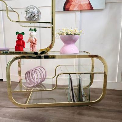 Vintage Mid Century Expandable Brass Etagere Display Shelf w/Glass Shelving, Record Dividers & Desk Space in the Style of Milo...