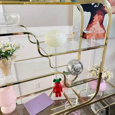 Vintage Mid Century Expandable Brass Etagere Display Shelf w/Glass Shelving, Record Dividers & Desk Space in the Style of Milo...