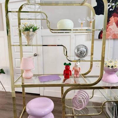 Vintage Mid Century Expandable Brass Etagere Display Shelf w/Glass Shelving, Record Dividers & Desk Space in the Style of Milo...
