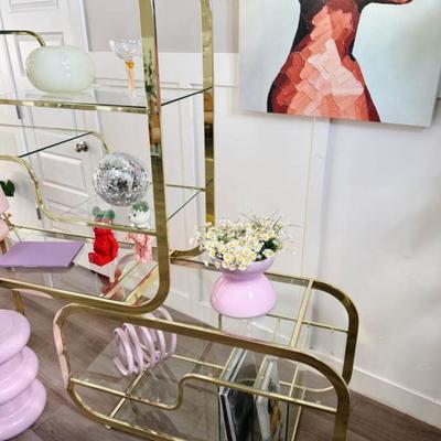 Vintage Mid Century Expandable Brass Etagere Display Shelf w/Glass Shelving, Record Dividers & Desk Space in the Style of Milo...