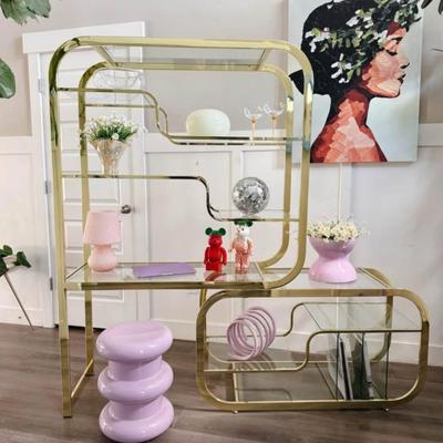 Vintage Mid Century Expandable Brass Etagere Display Shelf w/Glass Shelving, Record Dividers & Desk Space in the Style of Milo...