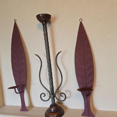 Metal Candle Decor Trio – Floor Candleholder and Leaf Wall Sconces