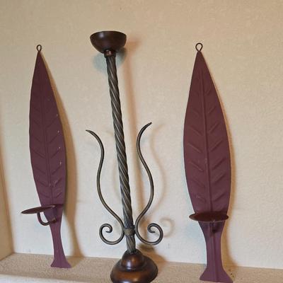 Metal Candle Decor Trio – Floor Candleholder and Leaf Wall Sconces