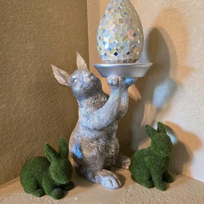 Whimsical Easter Bunny with Mirrored Mosaic Egg and two Faux Moss Rabbits