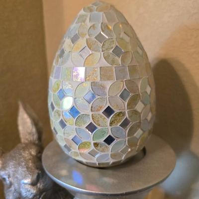 Whimsical Easter Bunny with Mirrored Mosaic Egg and two Faux Moss Rabbits