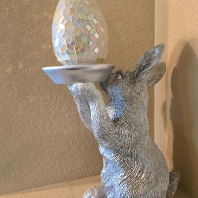 Whimsical Easter Bunny with Mirrored Mosaic Egg and two Faux Moss Rabbits