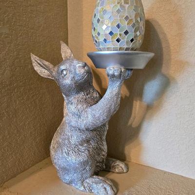 Whimsical Easter Bunny with Mirrored Mosaic Egg and two Faux Moss Rabbits