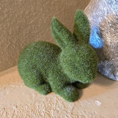 Whimsical Easter Bunny with Mirrored Mosaic Egg and two Faux Moss Rabbits