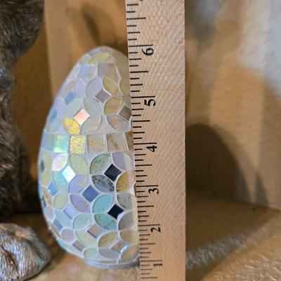 Whimsical Easter Bunny with Mirrored Mosaic Egg and two Faux Moss Rabbits