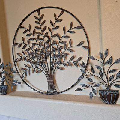 Set of 3 Metal Wall Sculptures – Leafy Tree & Potted Plants