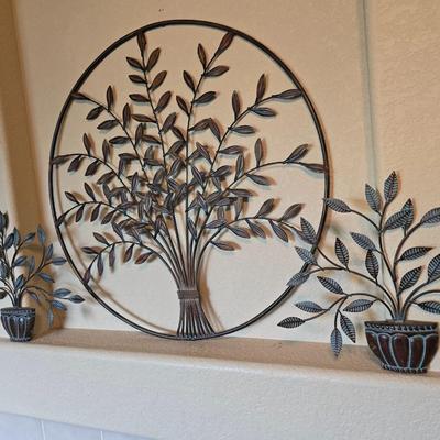 Set of 3 Metal Wall Sculptures – Leafy Tree & Potted Plants