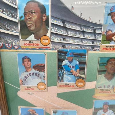1968 Framed Wrigley Field Pic w/Topps Player Baseball Cards in Position