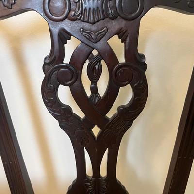 Sale Photo Thumbnail #178: The wood frame is in excellent condition. Upholstered seat has some staining—see photos for details. Would be beautiful reupholstered.

Dimensions: 39” tall x 46” wide x 17” deep