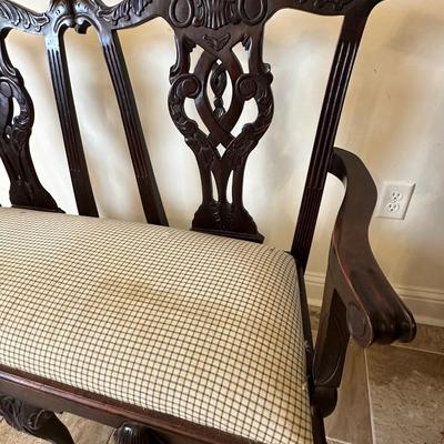 Sale Photo Thumbnail #177: The wood frame is in excellent condition. Upholstered seat has some staining—see photos for details. Would be beautiful reupholstered.

Dimensions: 39” tall x 46” wide x 17” deep