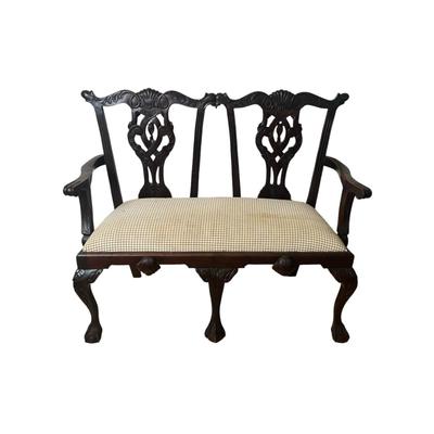 Sale Photo Thumbnail #173: The wood frame is in excellent condition. Upholstered seat has some staining—see photos for details. Would be beautiful reupholstered.

Dimensions: 39” tall x 46” wide x 17” deep