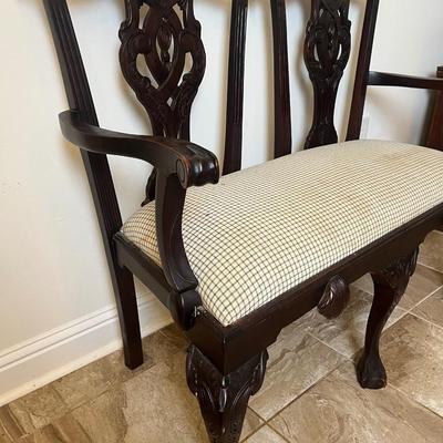 Sale Photo Thumbnail #181: The wood frame is in excellent condition. Upholstered seat has some staining—see photos for details. Would be beautiful reupholstered.

Dimensions: 39” tall x 46” wide x 17” deep