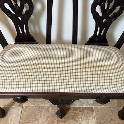 Sale Photo Thumbnail #180: The wood frame is in excellent condition. Upholstered seat has some staining—see photos for details. Would be beautiful reupholstered.

Dimensions: 39” tall x 46” wide x 17” deep