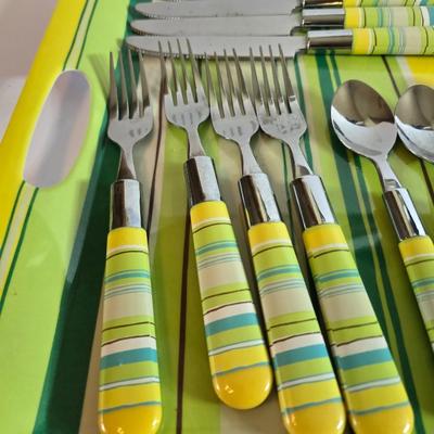 Striped Flatware Set with Matching Tray & Kitchen Towels –
