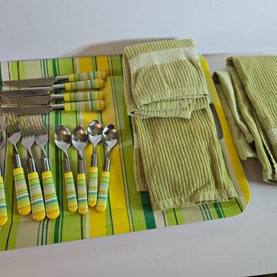 Striped Flatware Set with Matching Tray & Kitchen Towels –