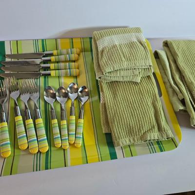 Striped Flatware Set with Matching Tray & Kitchen Towels –