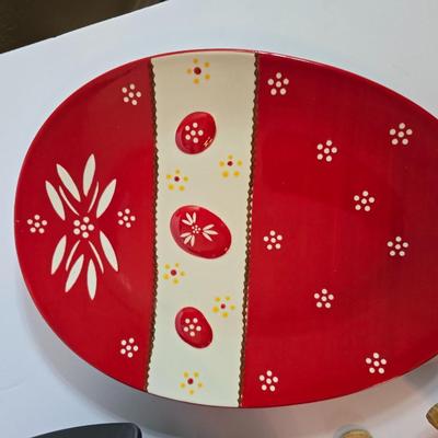 Three piece set Old World Temptations Red egg-shaped platters & Electric Skillet