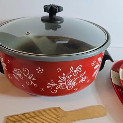Three piece set Old World Temptations Red egg-shaped platters & Electric Skillet