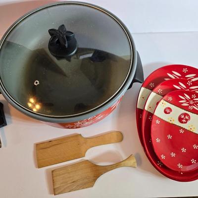 Three piece set Old World Temptations Red egg-shaped platters & Electric Skillet