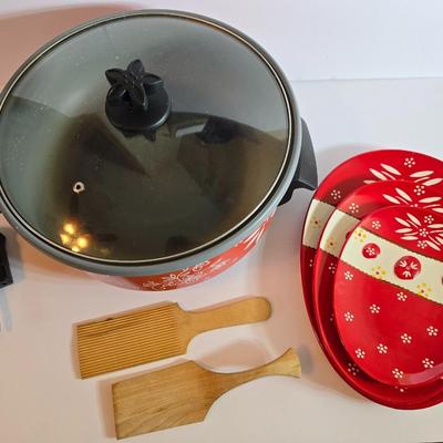 Three piece set Old World Temptations Red egg-shaped platters & Electric Skillet