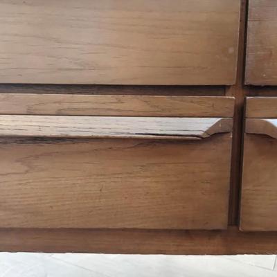 Vintage Mid Century 6-Drawer Dresser Credenza w/Sculptural Cutout Drawers, Hand Carved Wooden Pulls & Tapered Legs