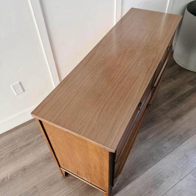 Vintage Mid Century 6-Drawer Dresser Credenza w/Sculptural Cutout Drawers, Hand Carved Wooden Pulls & Tapered Legs