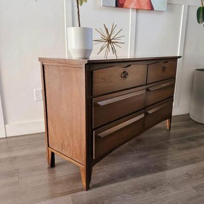 Vintage Mid Century 6-Drawer Dresser Credenza w/Sculptural Cutout Drawers, Hand Carved Wooden Pulls & Tapered Legs