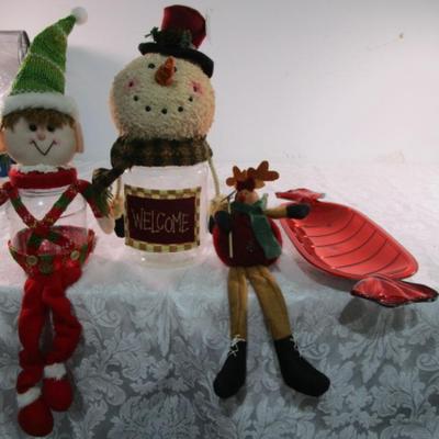 2 decorated Christmas plastic jars, shelf reindeer, candy tray