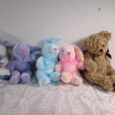 4 new bunnies, 1 vintage jointed teddy bear