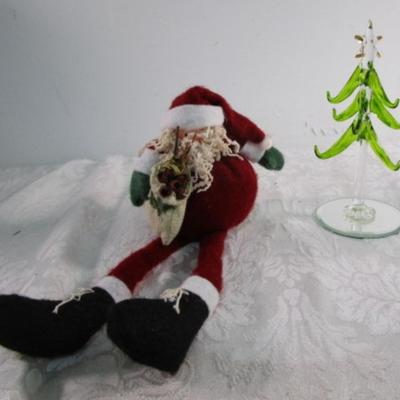 Blown glass Christmas tree on a mirrored base, Shelf Santa