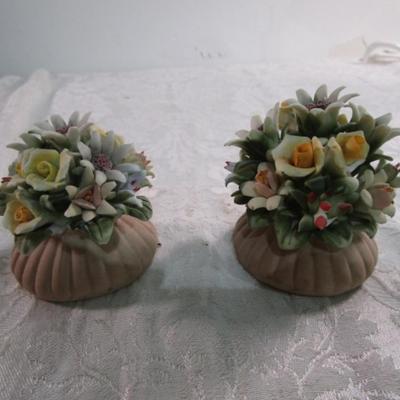 2 matching porcelain flower bouquets in stands